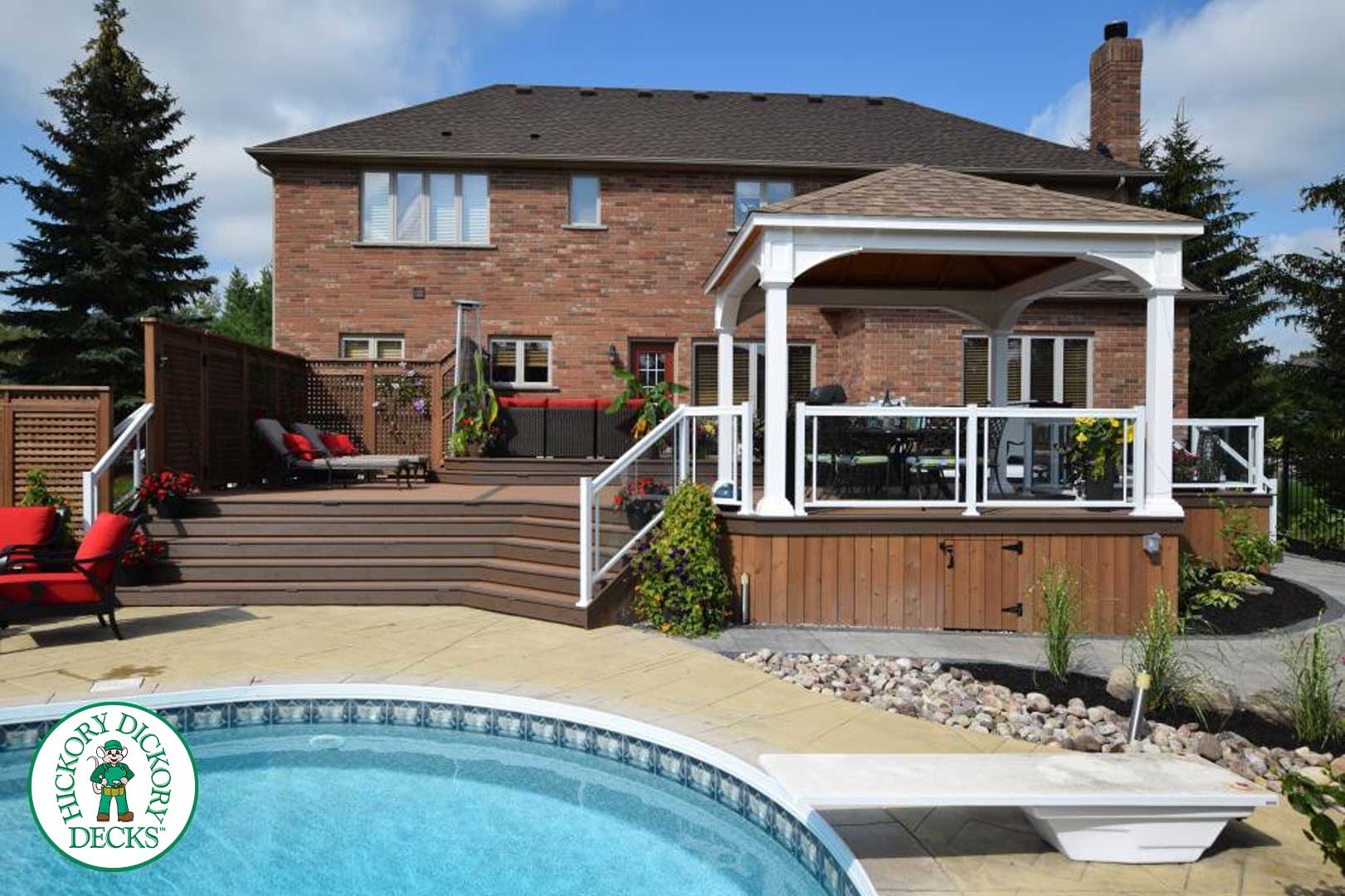 Multi-level poolside deck with gazebo.
