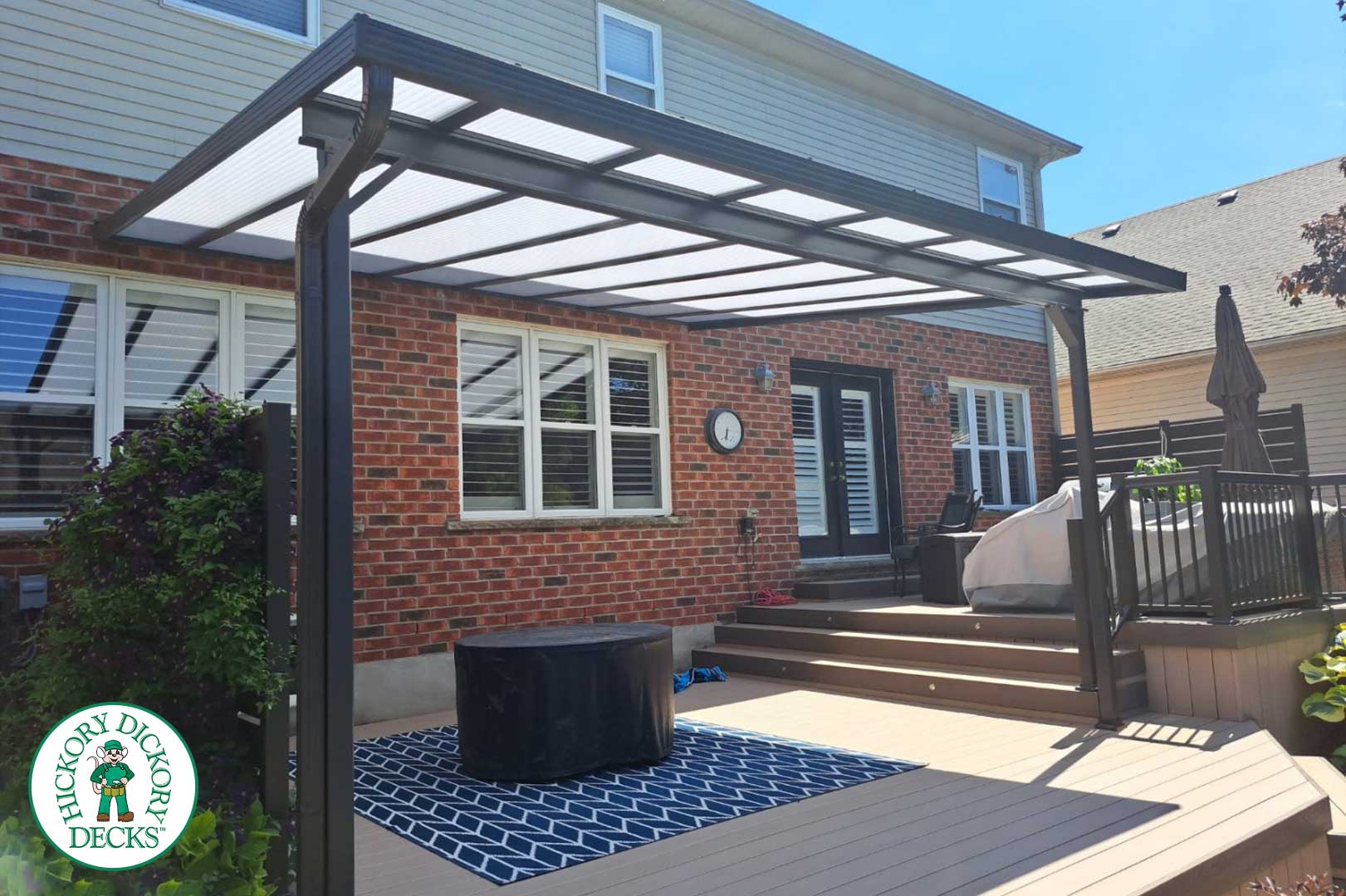 Backyard deck with translucent roof.